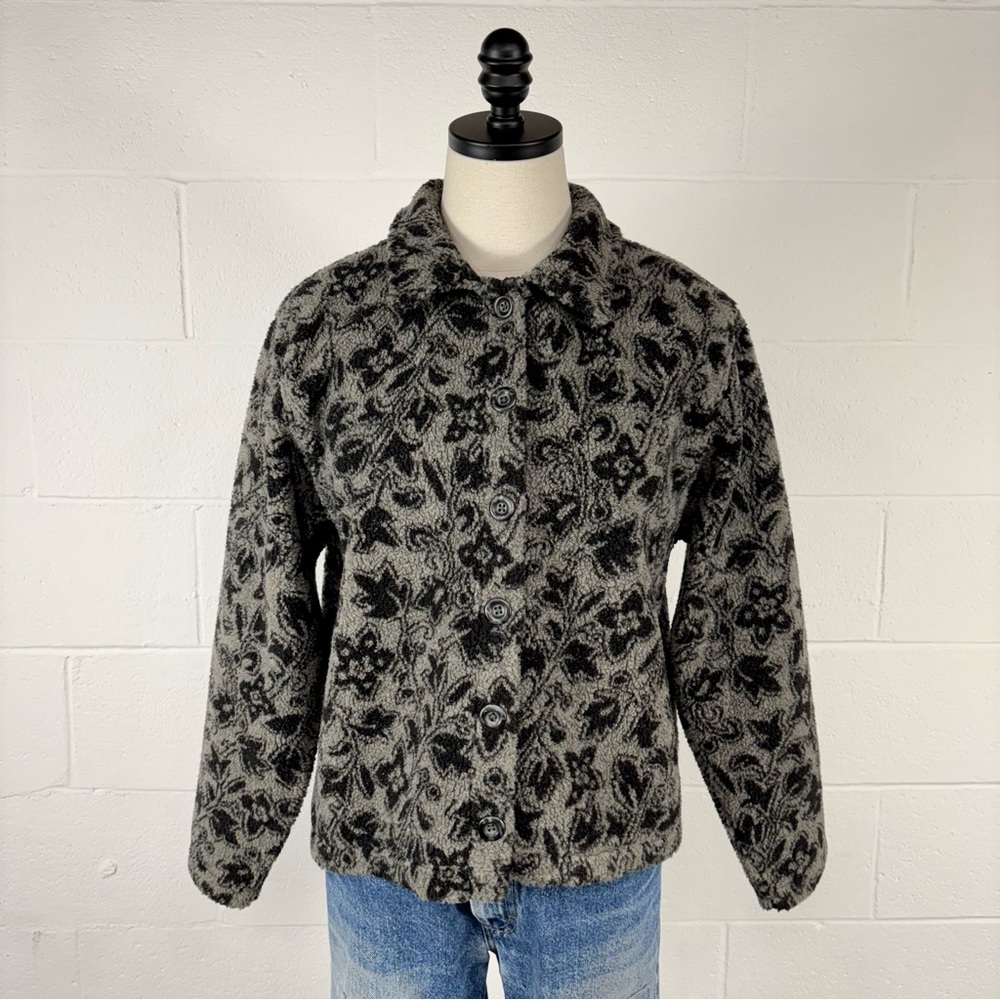 Vintage 90s L.L.Bean Black Gray Floral Fleece Jacket Deep Pile Sherpa Shacket M
